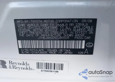 2009 Lexus Es 350 из США, поврежденный, VIN JTHBJ46G092285509